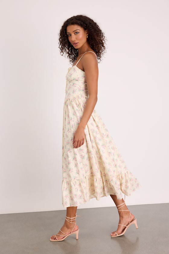 Odilie Pale Yellow Floral Lace Sleeveless Midi Dress