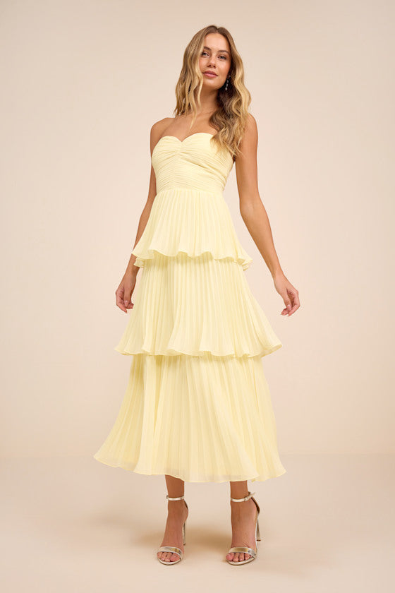 Seriously Sensational Light Yellow Strapless Tiered Midi Dress