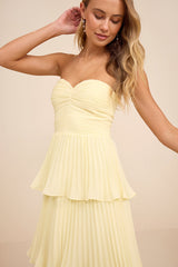 Seriously Sensational Light Yellow Strapless Tiered Midi Dress