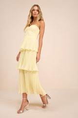 Seriously Sensational Light Yellow Strapless Tiered Midi Dress