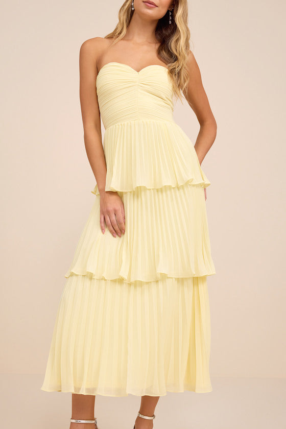 Seriously Sensational Light Yellow Strapless Tiered Midi Dress