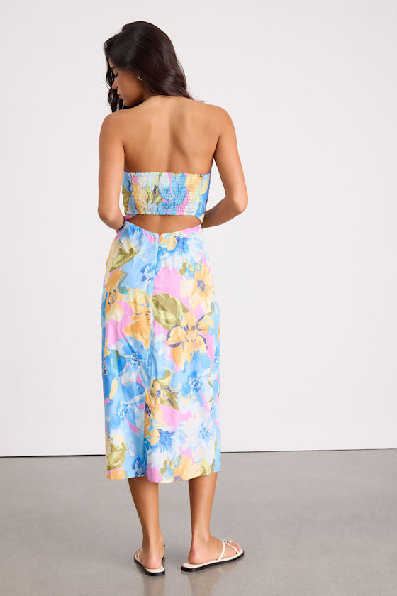 Bold Tendencies Light Pink Floral Strapless Cutout Midi Dress