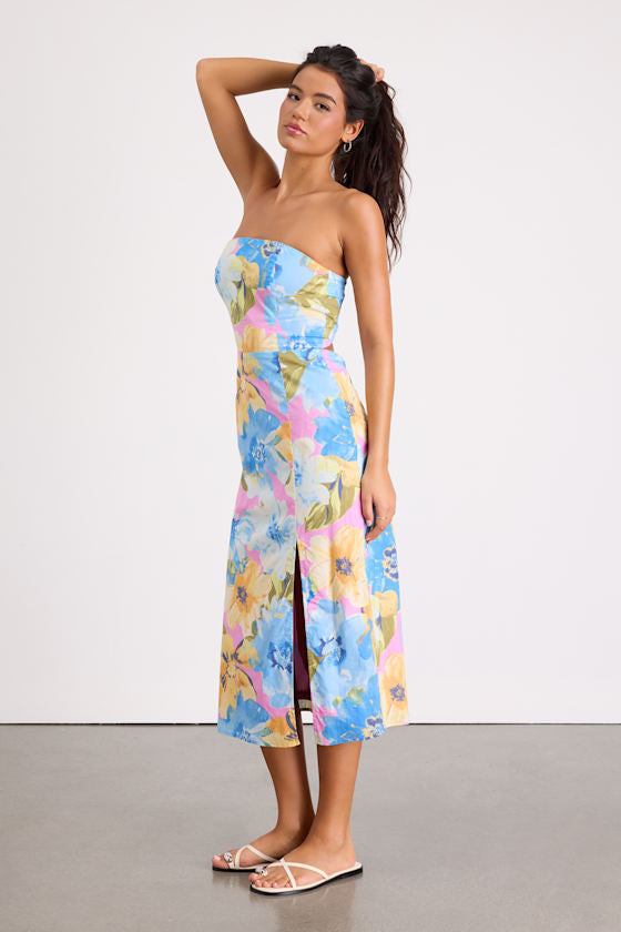Bold Tendencies Light Pink Floral Strapless Cutout Midi Dress