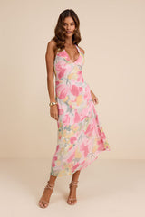 Delight in Elegance Pink Multi Floral Halter Cutout Midi Dress