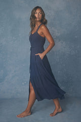 See the City Blue Button-Front Tiered Midi Dress