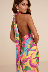 Glowing Presence Yellow Multi Abstract Satin Halter Maxi Dress