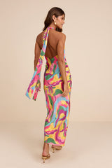 Glowing Presence Yellow Multi Abstract Satin Halter Maxi Dress
