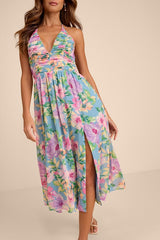 Danelle Light Blue Floral Halter A-Line Midi Dress