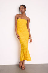 Faelyn Yellow Strapless Ruffled Midi Dress