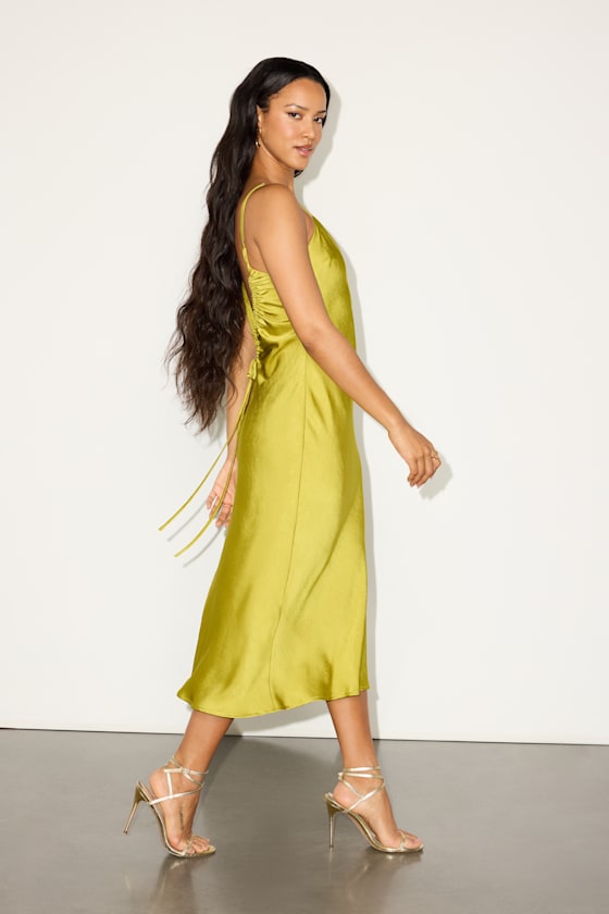 Katrien Chartreuse Textured Satin Backless Midi Slip Dress