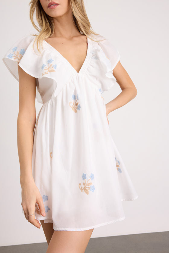 Kory Ivory Embroidered Flutter Sleeve Mini Dress