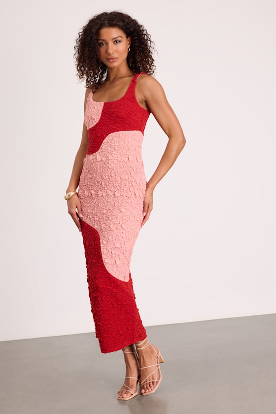 Instantly Adored Red and Pink Color Block Textured Midi Dress