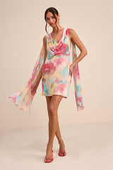 Siya Pink Multi Abstract Print Cowl Sash Mini Dress