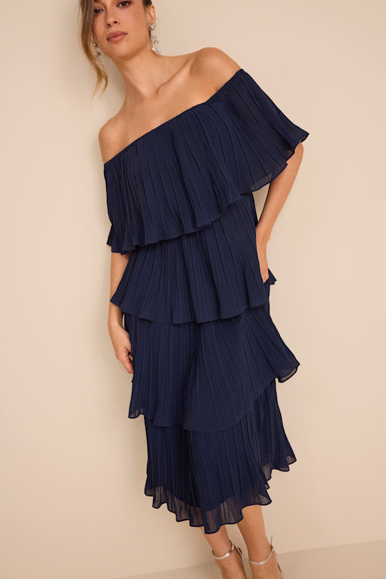 Gala Ready Navy Blue Off-the-Shoulder Ruffle Midi Dress