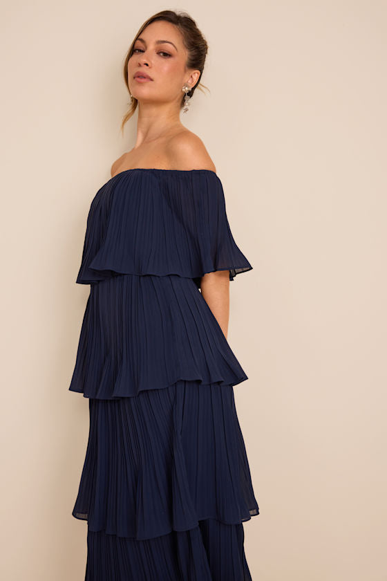 Gala Ready Navy Blue Off-the-Shoulder Ruffle Midi Dress