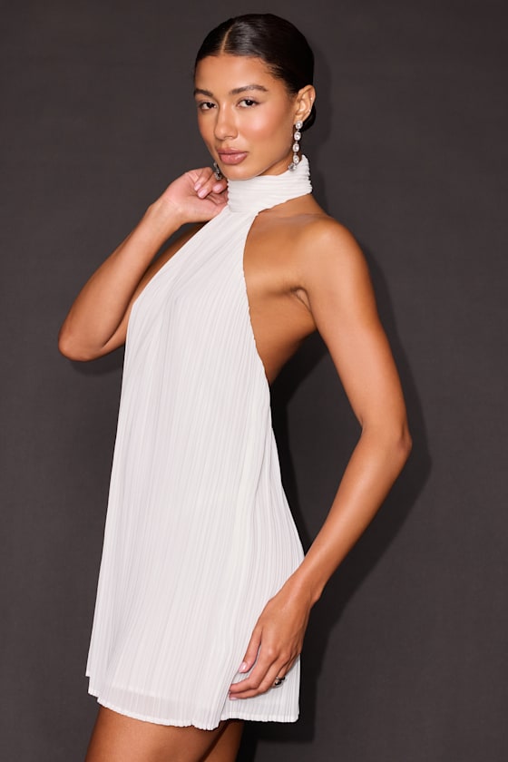 Gretchen White Pleated Halter Backless Mini Dress