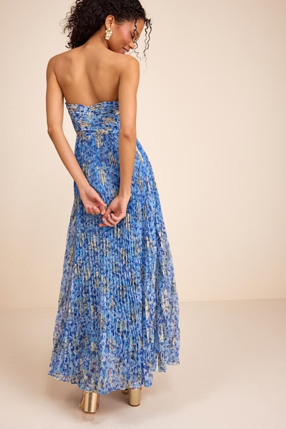 Lynwen Blue Abstract Pleated Strapless Maxi Dress