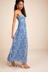 Lynwen Blue Abstract Pleated Strapless Maxi Dress