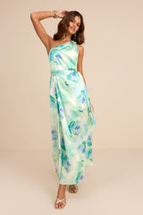 Goddess Aura Light Green Floral Satin One-Shoulder Maxi Dress