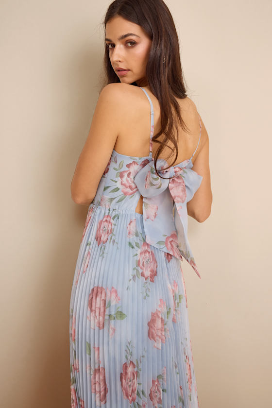 Alondra Light Blue Multi Floral Pleated Midi Dress