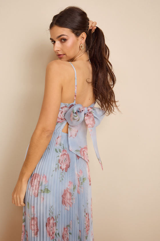 Alondra Light Blue Multi Floral Pleated Midi Dress