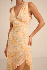 Laraline Peach Multi Floral Ruffled Cowl Back Maxi Dress