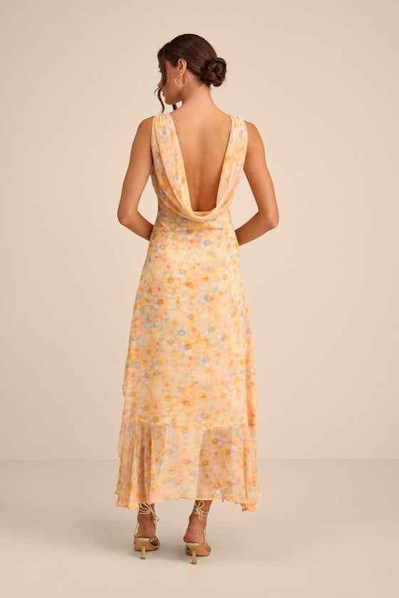 Laraline Peach Multi Floral Ruffled Cowl Back Maxi Dress