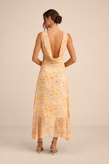 Laraline Peach Multi Floral Ruffled Cowl Back Maxi Dress
