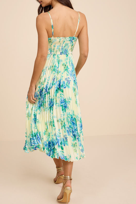 Francette Yellow Floral Satin Pleated Midi Dress