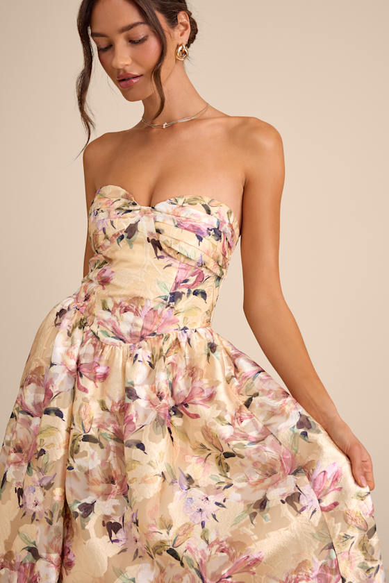 Kathani Light Yellow Floral Jacquard Bustier Maxi Dress