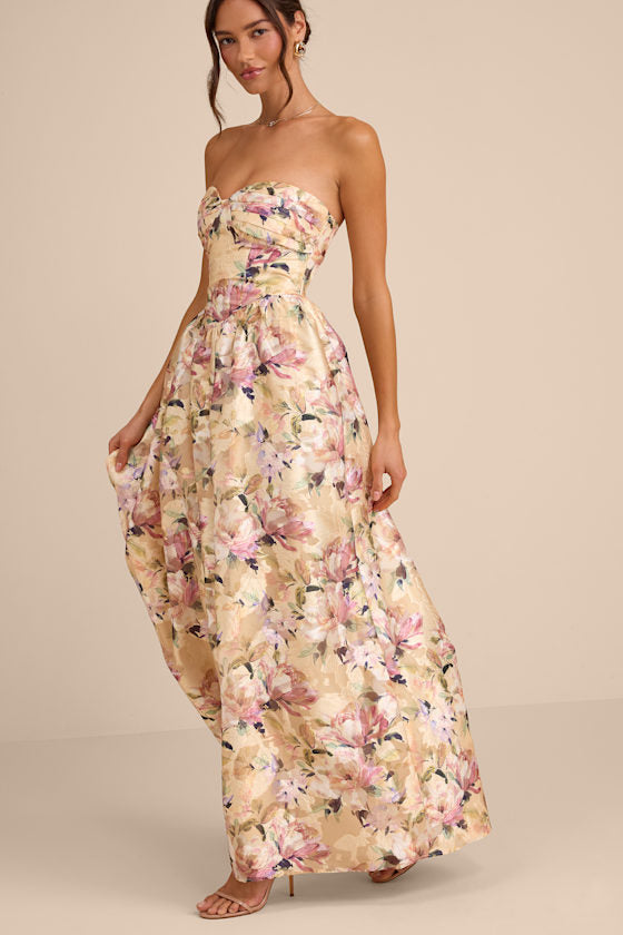 Kathani Light Yellow Floral Jacquard Bustier Maxi Dress