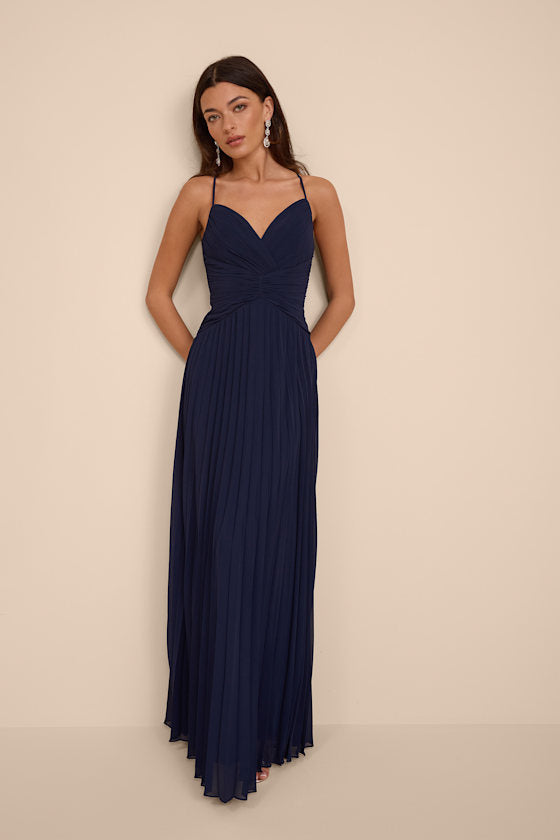 Corella Navy Blue Pleated Backless Maxi Dress