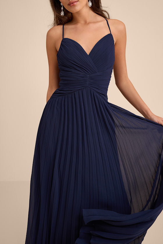 Corella Navy Blue Pleated Backless Maxi Dress