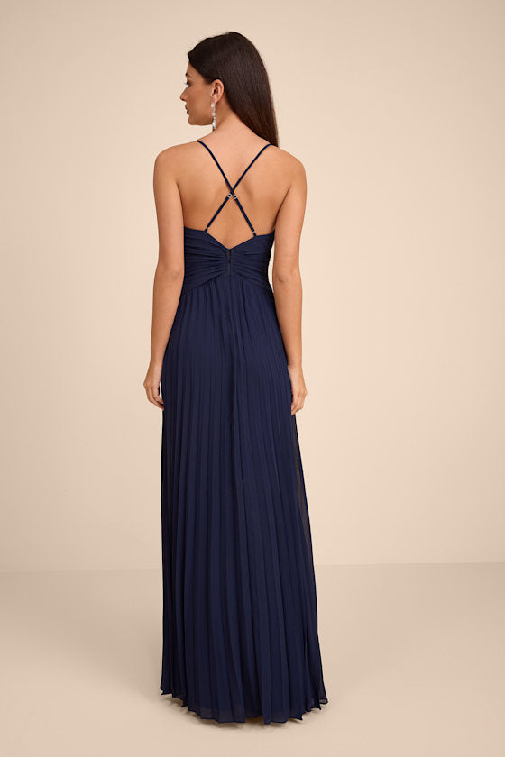 Corella Navy Blue Pleated Backless Maxi Dress