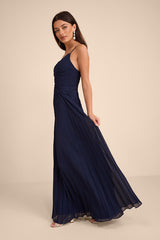Corella Navy Blue Pleated Backless Maxi Dress