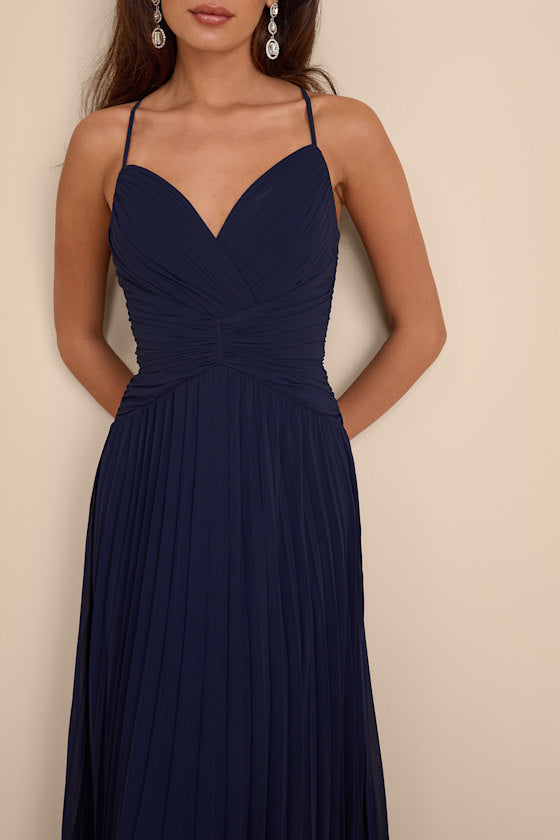 Corella Navy Blue Pleated Backless Maxi Dress