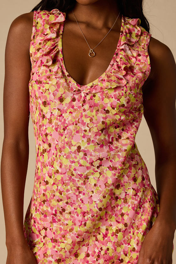 Renea Pink Multi Floral Ruffled Sleeveless Midi Dress