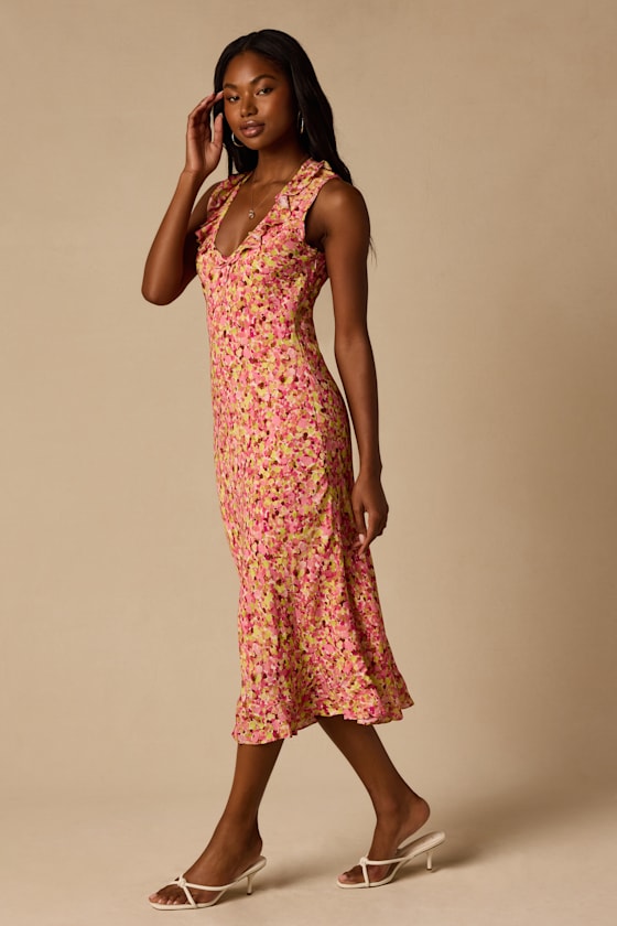 Renea Pink Multi Floral Ruffled Sleeveless Midi Dress