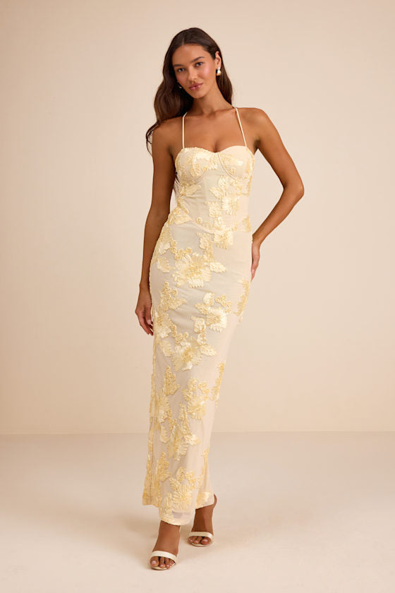 Nantessa Light Yellow Floral Applique Lace-Up Maxi Dress