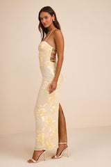 Nantessa Light Yellow Floral Applique Lace-Up Maxi Dress