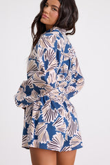 Dimora Blue Abstract Print Long Sleeve Collared Romper