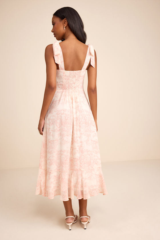 Summer Invite White and Pink Toile Tie-Strap Tiered Midi Dress