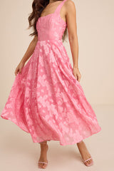 Loira Pink Burnout Jacquard Lace-Up Midi Dress