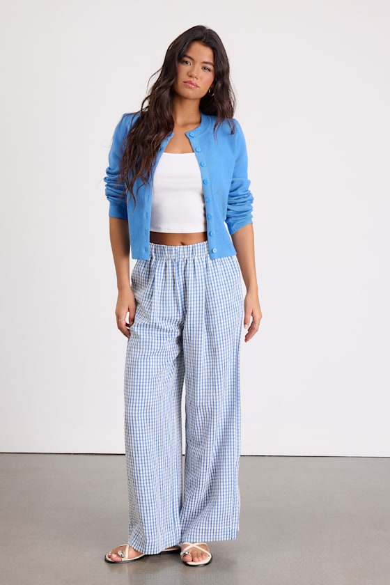 Tilly Blue Gingham Mid-Rise Wide-Leg Pants