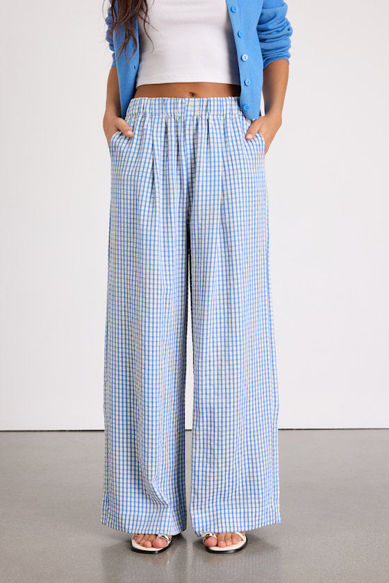 Tilly Blue Gingham Mid-Rise Wide-Leg Pants