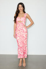 Aelara Pink Floral Mesh Ruched Trumpet Midi Dress