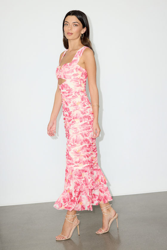 Aelara Pink Floral Mesh Ruched Trumpet Midi Dress