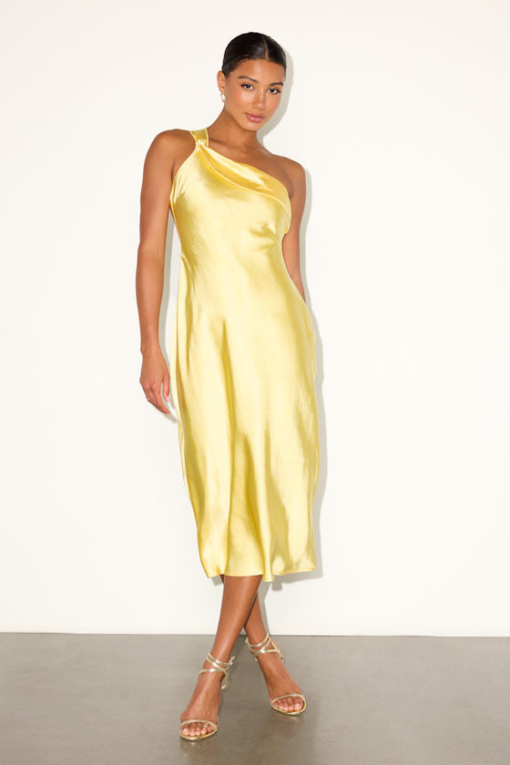 Naima Yellow Satin One-Shoulder Midi Dress