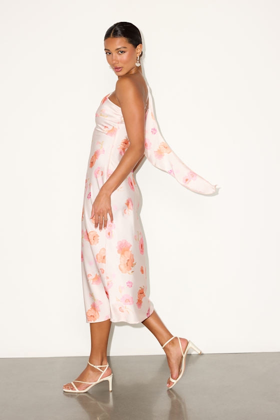 Naima Ivory Floral Satin One-Shoulder Midi Dress