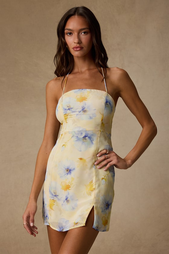 Catch the Bouquet Light Yellow Floral Halter Lace-Up Mini Dress